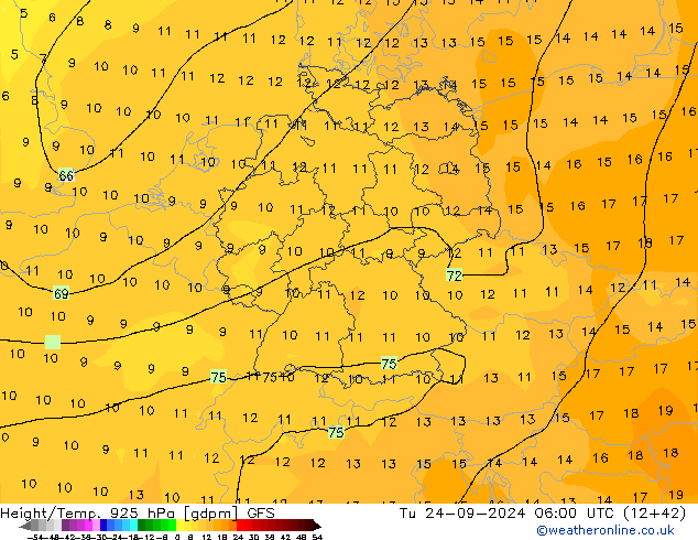 Hoogte/Temp. 925 hPa GFS di 24.09.2024 06 UTC