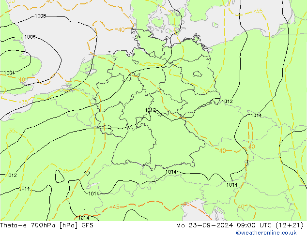 Theta-e 700hPa GFS ma 23.09.2024 09 UTC