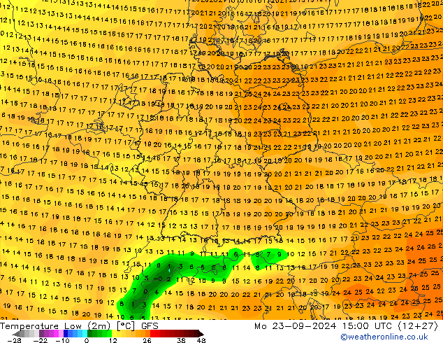 Temperature Low (2m) GFS Mo 23.09.2024 15 UTC