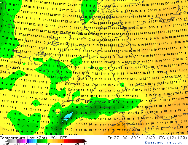 Minumum Değer (2m) GFS Cu 27.09.2024 12 UTC