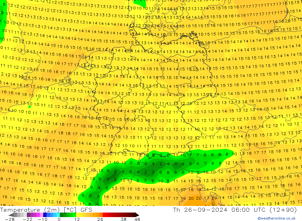 Temperature (2m) GFS Th 26.09.2024 06 UTC