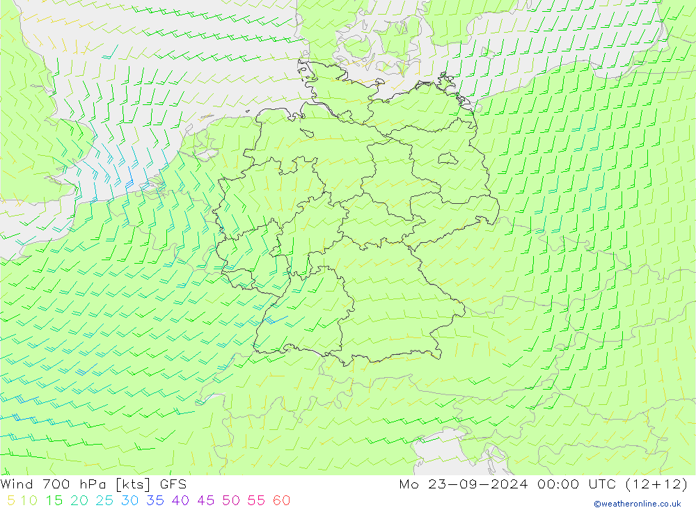 Wind 700 hPa GFS Mo 23.09.2024 00 UTC