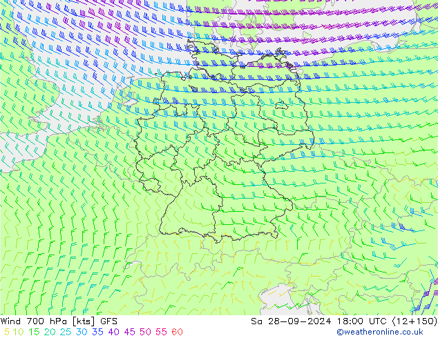 Wind 700 hPa GFS Sa 28.09.2024 18 UTC