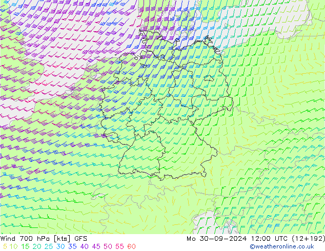 wiatr 700 hPa GFS pon. 30.09.2024 12 UTC