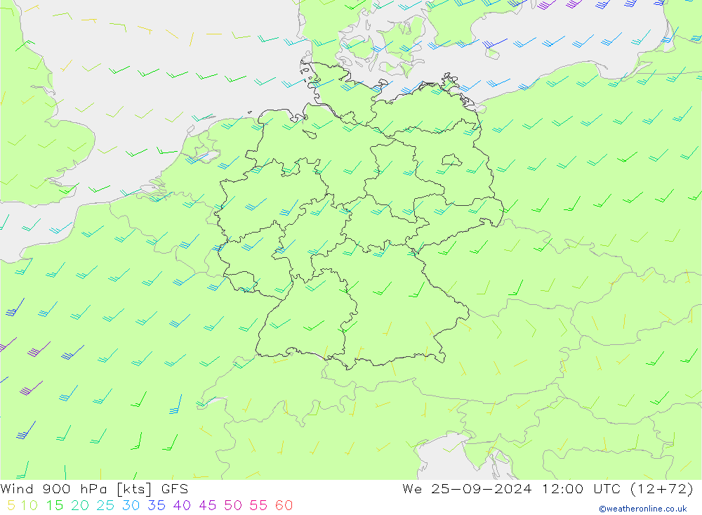 wiatr 900 hPa GFS śro. 25.09.2024 12 UTC