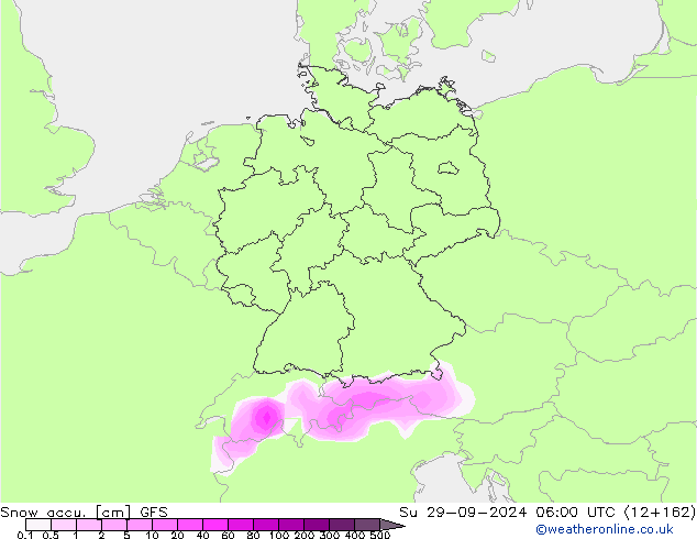 Глубина снега GFS Вс 29.09.2024 06 UTC