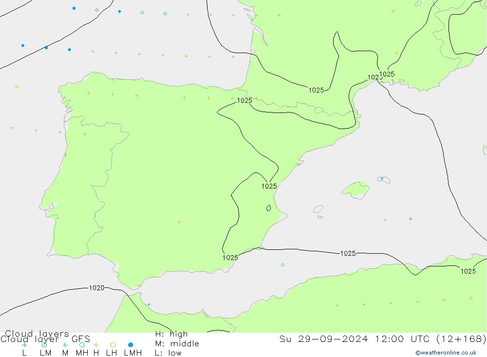 Wolkenlagen GFS zo 29.09.2024 12 UTC