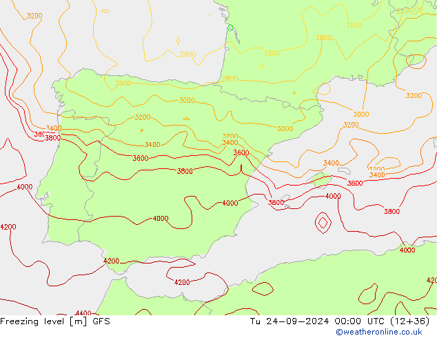 Freezing level GFS вт 24.09.2024 00 UTC