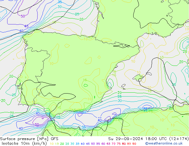 Isotachs (kph) GFS Вс 29.09.2024 18 UTC