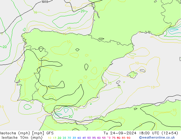 Isotachs (mph) GFS Út 24.09.2024 18 UTC