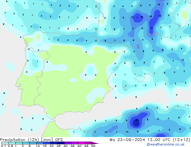 Precipitation (12h) GFS Mo 23.09.2024 00 UTC