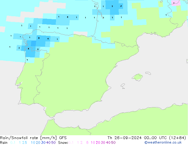 Rain/Snowfall rate GFS czw. 26.09.2024 00 UTC