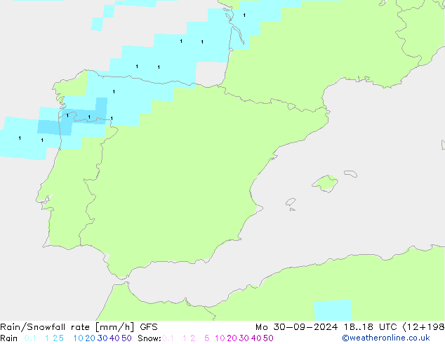 Rain/Snowfall rate GFS lun 30.09.2024 18 UTC