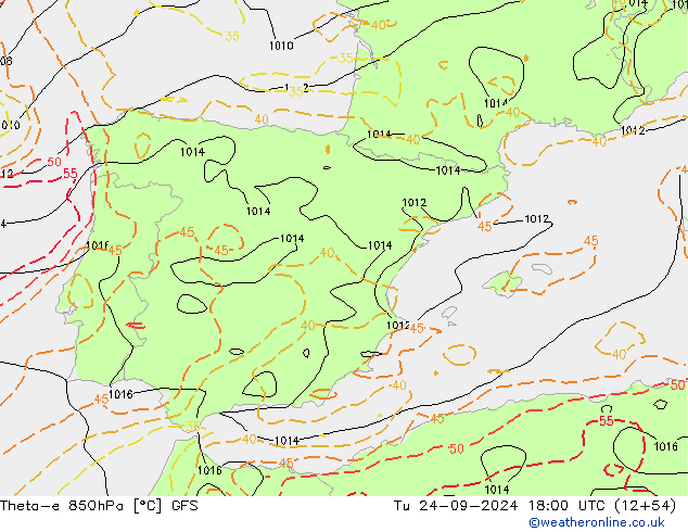 Theta-e 850hPa GFS wto. 24.09.2024 18 UTC