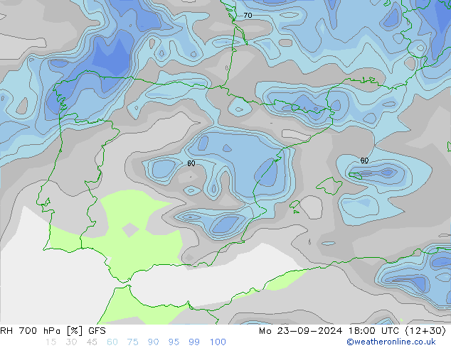 Humedad rel. 700hPa GFS lun 23.09.2024 18 UTC