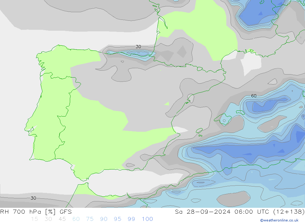 RH 700 hPa GFS Sa 28.09.2024 06 UTC