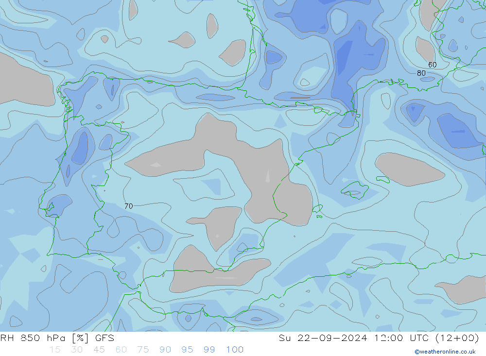 Humedad rel. 850hPa GFS dom 22.09.2024 12 UTC