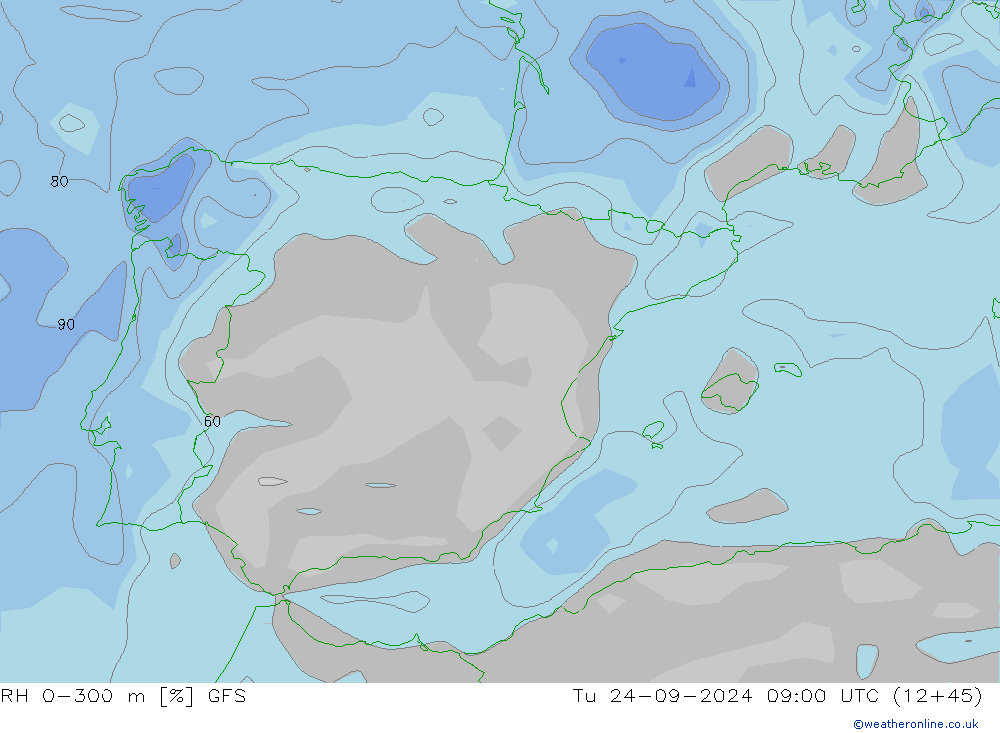 RH 0-300 m GFS Tu 24.09.2024 09 UTC