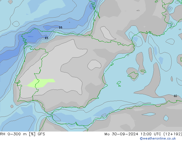 RH 0-300 m GFS Mo 30.09.2024 12 UTC