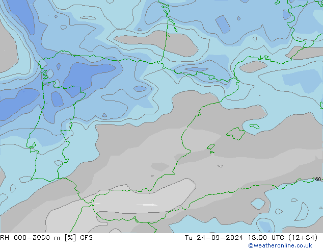 RH 600-3000 m GFS Út 24.09.2024 18 UTC