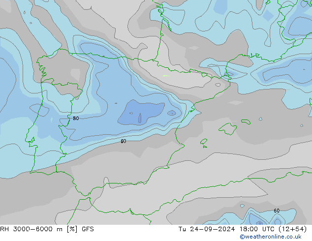 RH 3000-6000 m GFS Út 24.09.2024 18 UTC