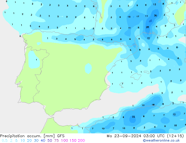 Precipitación acum. GFS lun 23.09.2024 03 UTC