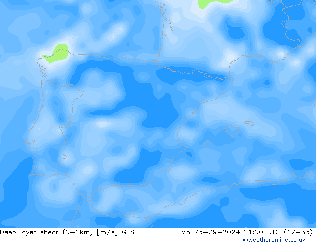 Deep layer shear (0-1km) GFS ma 23.09.2024 21 UTC