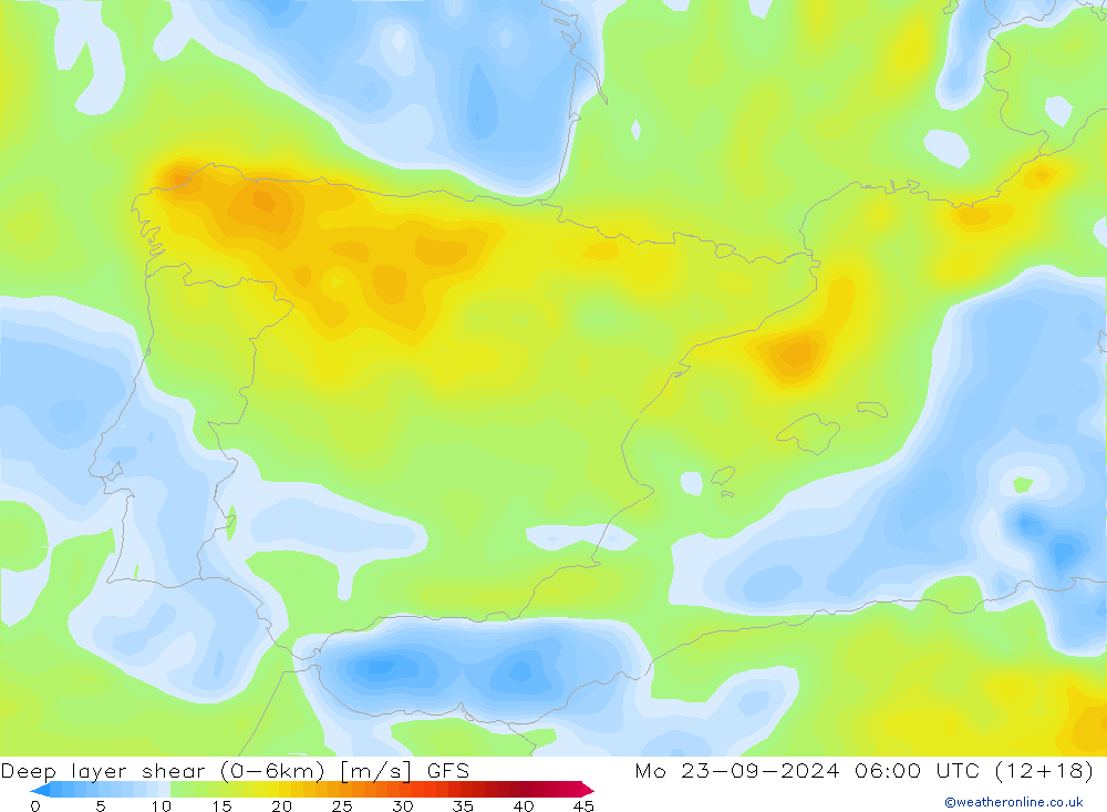 Deep layer shear (0-6km) GFS ma 23.09.2024 06 UTC