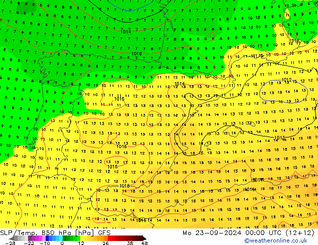 SLP/Temp. 850 hPa GFS lun 23.09.2024 00 UTC