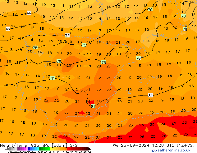 Height/Temp. 925 hPa GFS  25.09.2024 12 UTC