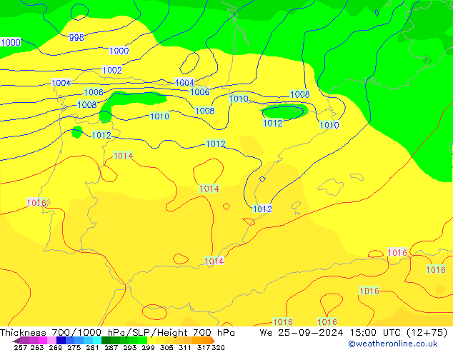 Espesor 700-1000 hPa GFS mié 25.09.2024 15 UTC