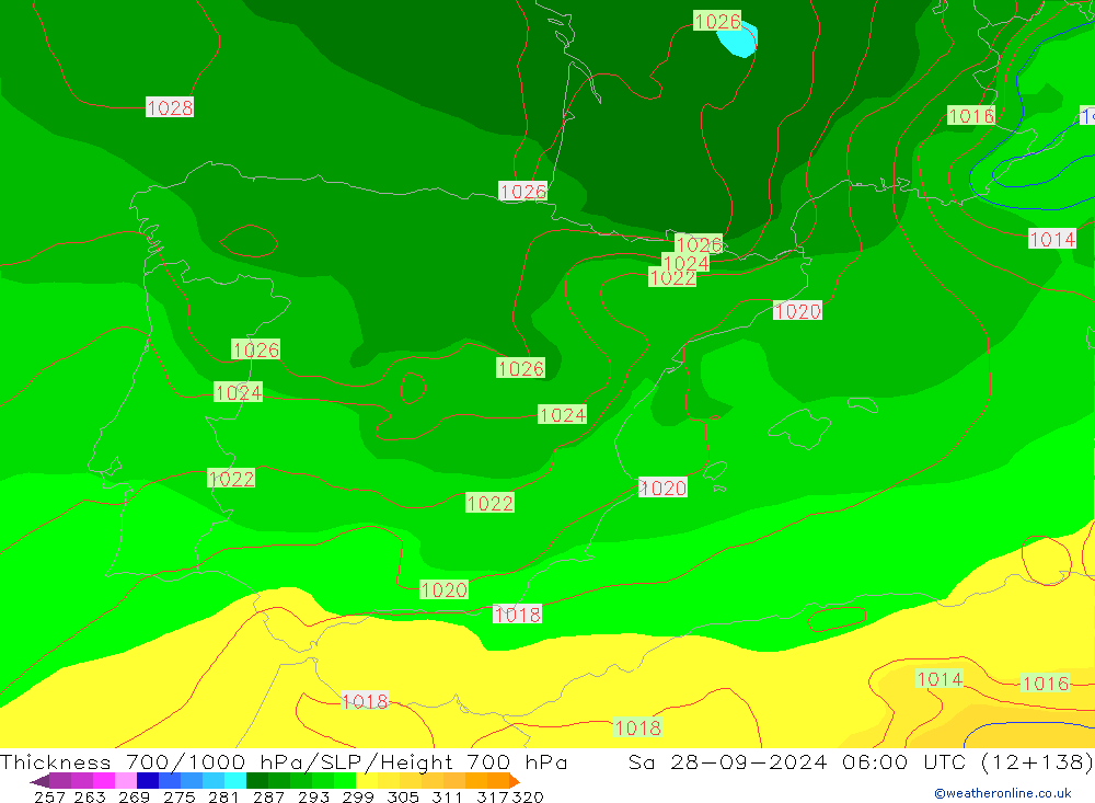 Thck 700-1000 hPa GFS so. 28.09.2024 06 UTC