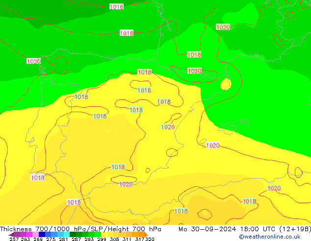 Thck 700-1000 hPa GFS lun 30.09.2024 18 UTC