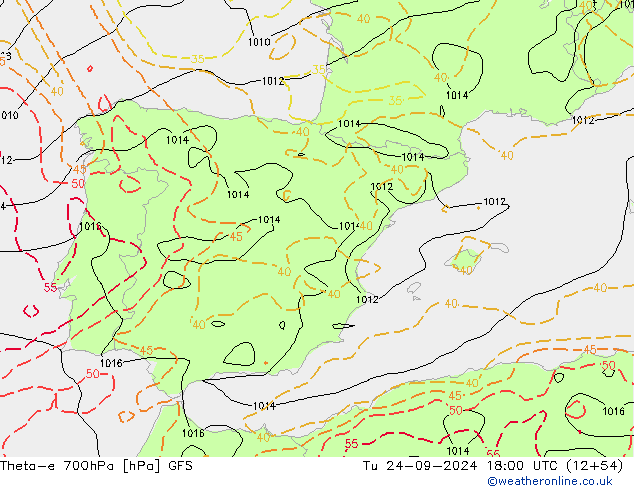 Theta-e 700hPa GFS Tu 24.09.2024 18 UTC