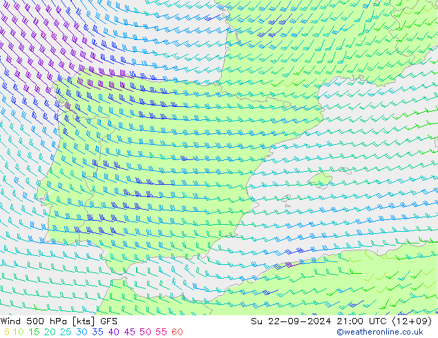 Wind 500 hPa GFS Su 22.09.2024 21 UTC