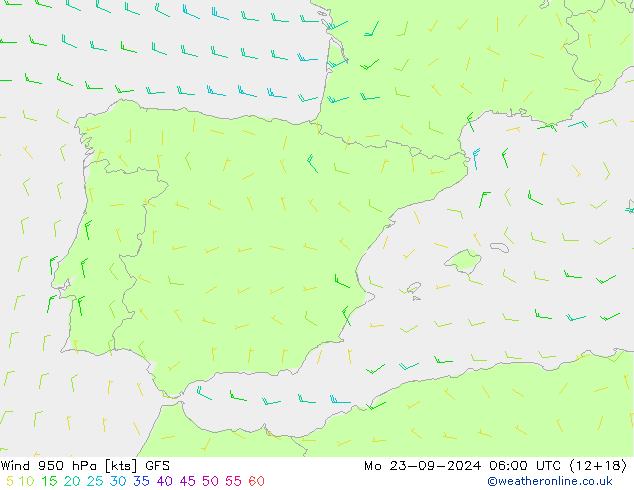 Vento 950 hPa GFS lun 23.09.2024 06 UTC