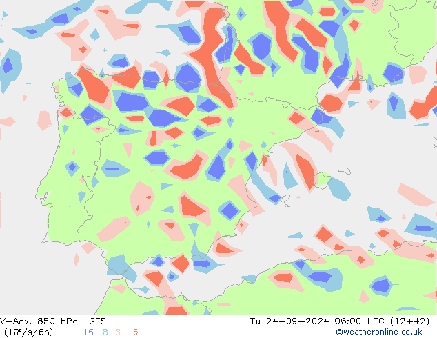 V-Adv. 850 hPa GFS Út 24.09.2024 06 UTC