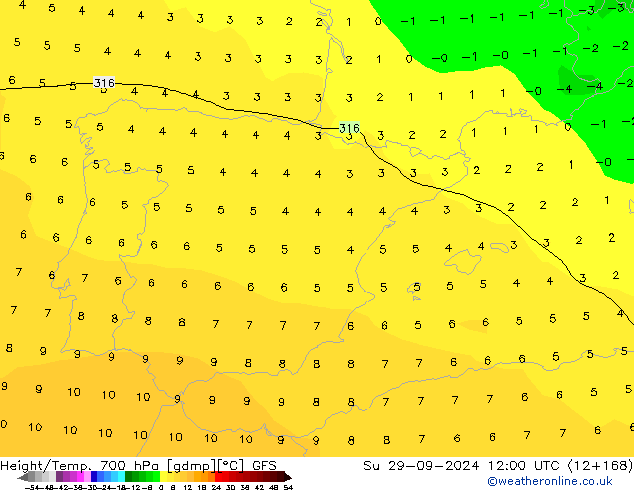 Height/Temp. 700 hPa GFS nie. 29.09.2024 12 UTC