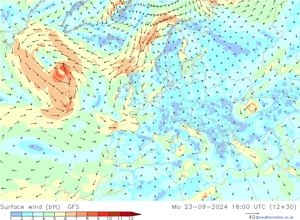 Surface wind (bft) GFS Mo 23.09.2024 18 UTC