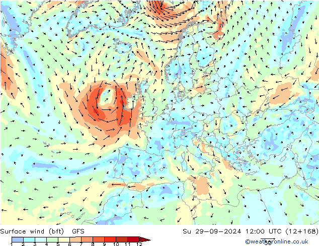 Viento 10 m (bft) GFS dom 29.09.2024 12 UTC