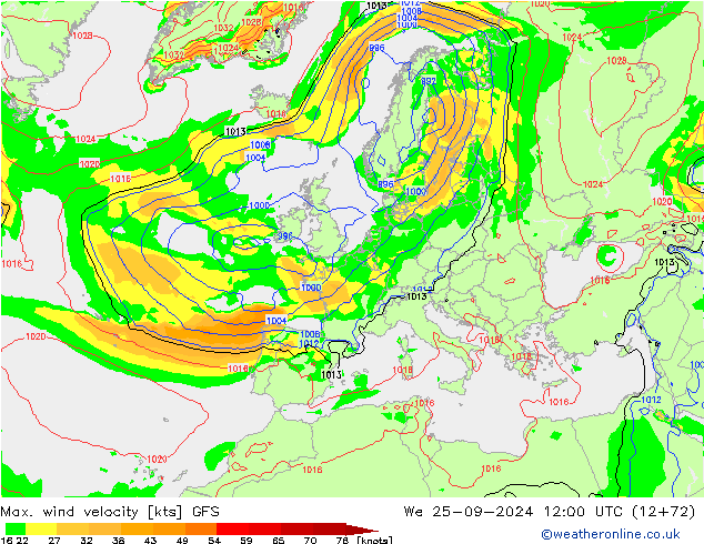 Max. wind velocity GFS We 25.09.2024 12 UTC