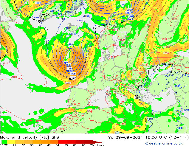 Max. wind velocity GFS Вс 29.09.2024 18 UTC