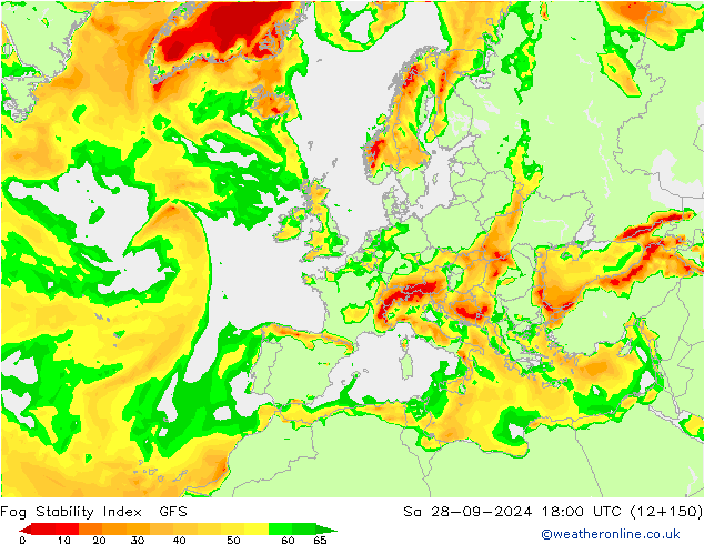 Fog Stability Index GFS сб 28.09.2024 18 UTC