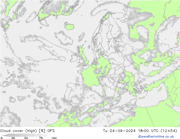 Cloud cover (high) GFS Tu 24.09.2024 18 UTC