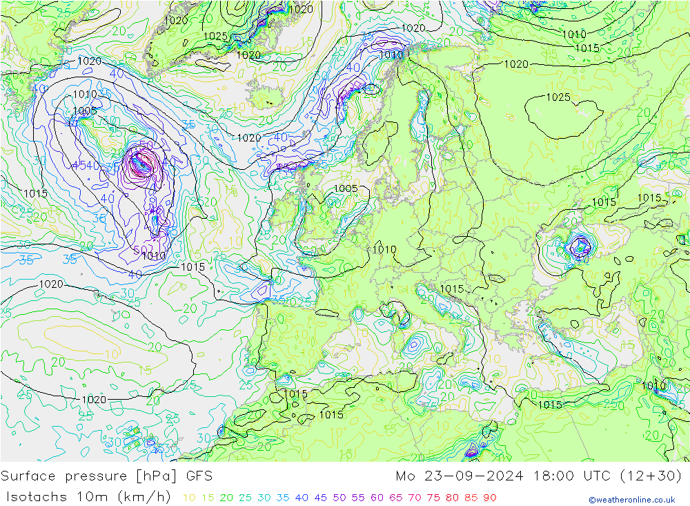 Isotachen (km/h) GFS Mo 23.09.2024 18 UTC