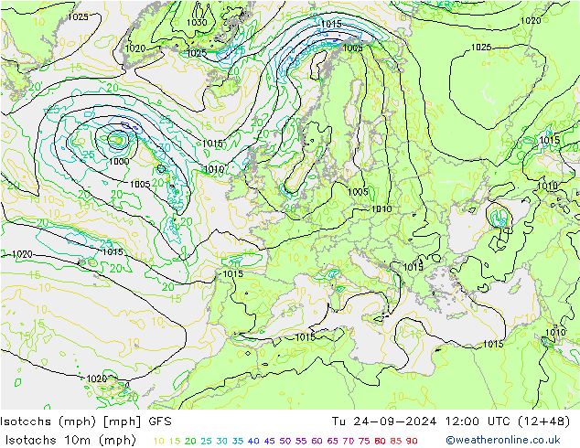 Isotachen (mph) GFS di 24.09.2024 12 UTC