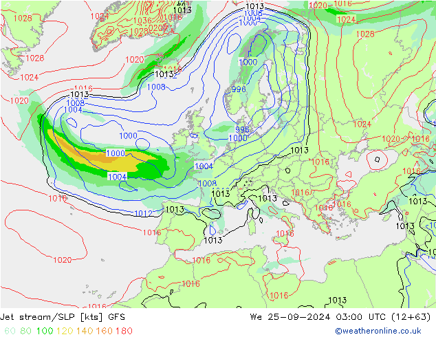 Jet stream GFS Qua 25.09.2024 03 UTC