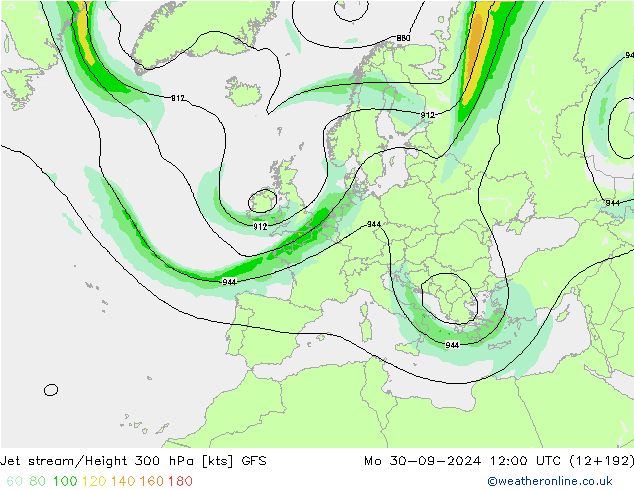 Jet stream/Height 300 hPa GFS Mo 30.09.2024 12 UTC