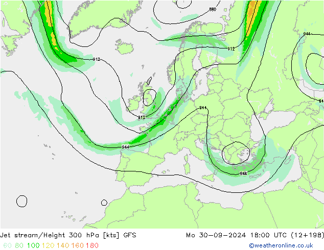 Jet stream/Height 300 hPa GFS Po 30.09.2024 18 UTC