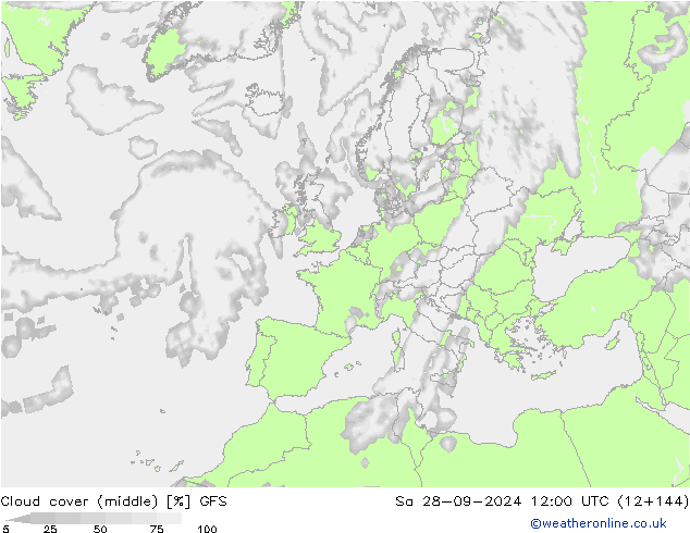 Cloud cover (middle) GFS Sa 28.09.2024 12 UTC